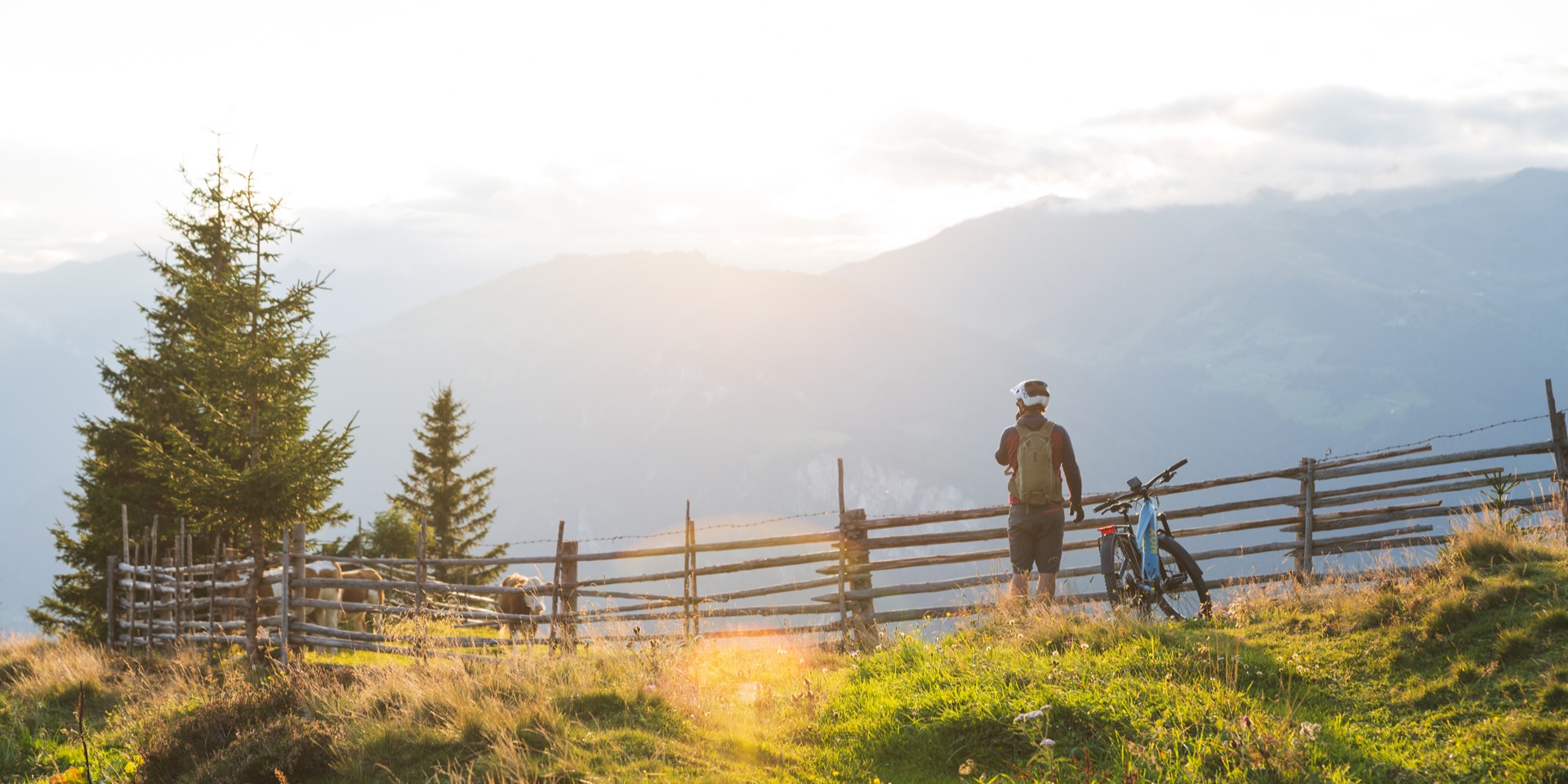 Mann fährt bei Sonnenuntergang auf einem E-Mountainbike von NOX